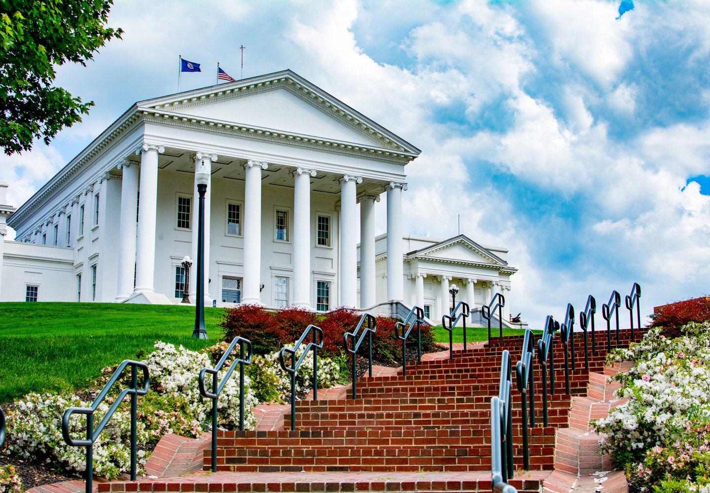 View of Virginia Capitol looking up from walkway stairs.